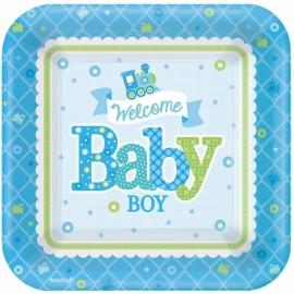 8 Farfurii Botez patrate 18cm Welcome Little One Boy