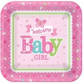 8 Farfurii Botez patrate 18cm Welcome Little One Girl