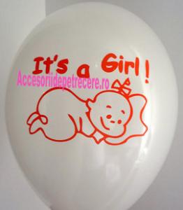 10 baloane botez 30cm imprimate IT'S A GIRL- culoare ALB