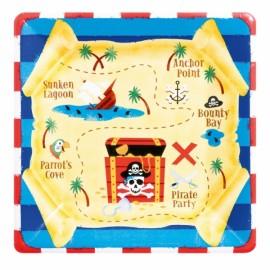 8 Farfurii pirati patrate cu harta piratilor 18cm Pirates Treasure