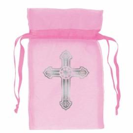 Saculet Organza Marturii Botez Pink Cross 8.8cm