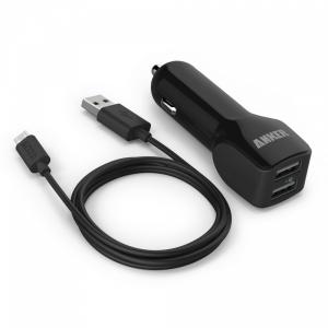 Incarcator auto USB Dual-Port Anker 24W + Cablu date 0.9m Micro USB (negru)