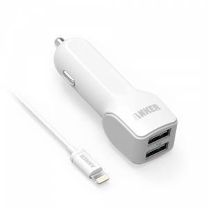 Incarcator auto USB Dual-Port Anker 24W + Cablu date USB 0.9m cu conector Lightning (alb)