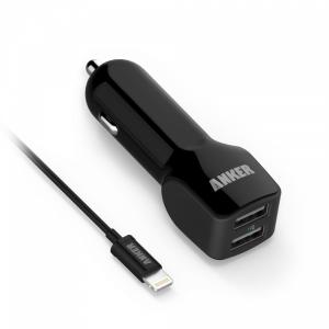 Incarcator auto USB Dual-Port Anker 24W + Cablu date USB 0.9m cu conector Lightning (negru)