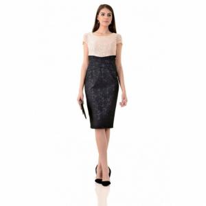 Rochie eleganta din dantela si jacquard Anamaria, negru/bej