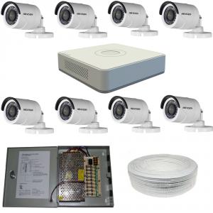 Kit supraveghere HIKVISION de exterior HD cu 8 camere , maxim 20 m pe timp de noapte ,rezolutie HD 720p, sursa stabilizata 12V 20A pentru tot pachetul, cablu 100m CCTV,  soft pentru telefon, tableta si pc inclus