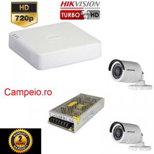 Kit camere+ sursa 10 A  Hikvision 2  camere rezolutie 720p si infrarosu la 20 m, vizualizare pe telefon, acces internet