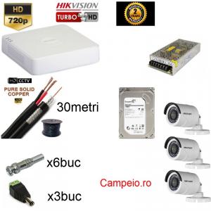 Kit complet supraveghere Hikvision  3 camere rezolutie 720p si infrarosu la 20 m, HDD 1 TB, cablu 30m, mufe, vizualizare pe telefon, acces internet