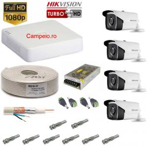 Kit complet supraveghere Hikvision 4 camera rezolutie HD 720p si infrarosu la 40m, HDD 1 TB, cablu 40m, mufe, vizualizare pe telefon, acces internet