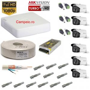 Kit complet supraveghere Hikvision 6 camera rezolutie HD 720p si infrarosu la 40m, HDD 1 TB, cablu 60m, mufe, vizualizare pe telefon, acces internet