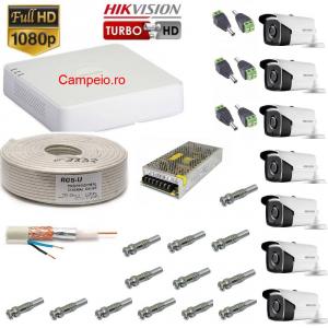 Kit complet supraveghere Hikvision 7 camera rezolutie HD 720p si infrarosu la 40m, HDD 1 TB, cablu 70m, mufe, vizualizare pe telefon, acces internet
