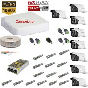 Kit complet supraveghere Hikvision 8 camera rezolutie HD 720p si infrarosu la 40m, HDD 1 TB, cablu 80m, mufe, vizualizare pe telefon, acces internet