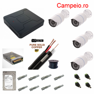 Kit complet supraveghere Peyo AHD 4 camere rezolutie HD 720P si infrarosu la 30 m, HDD 500GB, cabluri, mufe, vizualizare pe telefon, acces internet