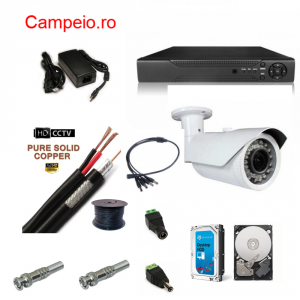 Kit complet sistem de supraveghere PEYO AHD cu 1 camera    HD 720P si infrarosu la 60 m, HDD 1TB, cablu CCTV 10 m, compatibil soft telefon, tableta si lap top