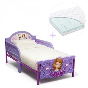 Set pat cu cadru metalic Disney Sofia Intai 3D si saltea pentru patut Dreamily - 140 x 70 x 10 cm