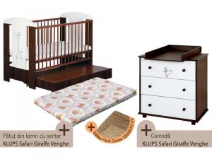 Patut cu sertar + Comoda KLUPS Safari Giraffe Venghe + Saltea Fibra MyKids