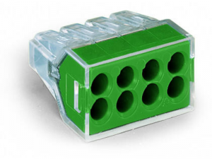 PUSH WIREA&reg; connector for junction boxes; for solid and stranded conductors; max. 2.5 mmA&sup2;; 8-conductor; transparent housing; green cover; Surrounding air temperature: max 60A&deg;C; 2,50 mmA&sup2;