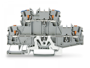 Double-deck terminal block; with push-button; Ground conductor/through terminal block; PE/L; without marker carrier; suitable for Ex e II applications; Blue conductor entry upper deck; for DIN-rail 35 x 15 and 35 x 7.5; 2.5 mmA&sup2;; Push-in CAGE CLAMPA&