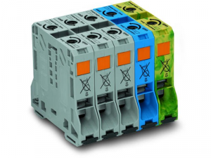 Three phase set; with 50 mmA&sup2; high-current tbs; only for DIN 35 x 15 rail; copper; 50 mmA&sup2;; POWER CAGE CLAMP; 50,00 mmA&sup2;; gray, blue, green-yellow
