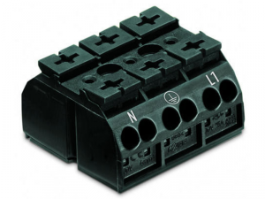 4-conductor chassis-mount terminal strip; 3-pole; N-PE-L1; with ground contact; for 3 mm A&cedil; screw and nut; 4 mmA&sup2;; 4,00 mmA&sup2;; black