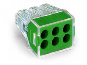 PUSH WIREA&reg; connector for junction boxes; for solid and stranded conductors; max. 2.5 mmA&sup2;; 6-conductor; transparent housing; green cover; Surrounding air temperature: max 60A&deg;C; 2,50 mmA&sup2;