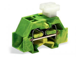 Space-saving, 4-conductor end terminal block; on one side with push-buttons; without protruding snap-in mounting foot; for terminal strips with snap-in mounting feet; 2.5 mmA&sup2;; CAGE CLAMPA&reg;; 2,50 mmA&sup2;; green-yellow