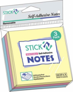 Notes autoadeziv 76 x  76 mm, 3 x 50 file/set, Stick"n - 3 culori pastel