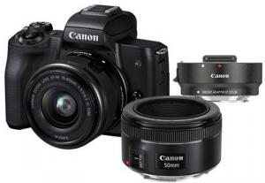 Kit Aparat foto Canon EOS M50 (cu un obiectiv 15-45mm IS STM + 50mm STM), negru + adaptor Canon EF-EOS M