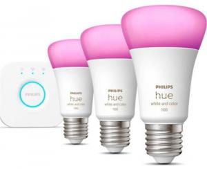 Pachet 3 becuri LED RGB inteligente Philips Hue, Bluetooth/Zigbee A60, E27, 9W (75W), 806 lm, lumina alba si colorata + Consola Hue Bridge