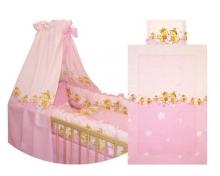 SET COMPLET LENJERIE CU BALDACHIN BUMBAC SI 4 LATERALE PAT (9 piese) - Bees Pink