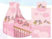 SET COMPLET LENJERIE CU BALDACHIN BUMBAC SI 4 LATERALE PAT (9 piese)- Hippo  Pink