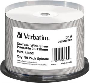 CD-R Verbatim wide silver inkjet printabil no ID spindle 50 bucati