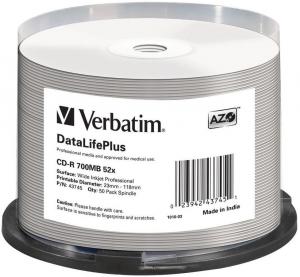 CD-R Verbatim 700MB 52x DataLifePlus wide inkjet professional no ID brand spindle 50 bucati