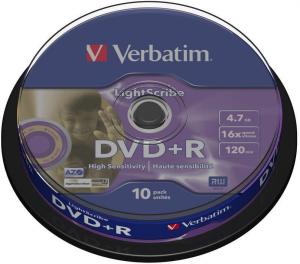 DVDplusR Verbatim 4.7GB 16x Lightscribe spindle 10 bucati