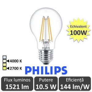 Bec LED Philips - Classic Filament LED 10.5-100W A60 E27 827 alb-cald sau alb-neutru
