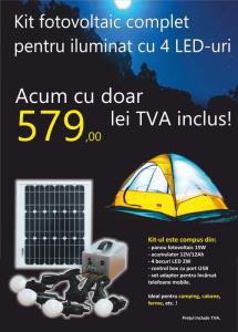 Kit fotovoltaic complet cu LED-uri pentru cabane 15W/4LED/12Ah + incarcator pentru telefoane mobile