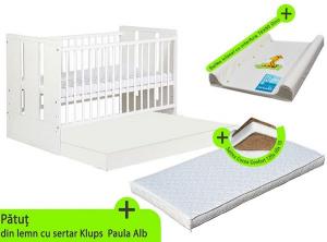 Patut cu sertar Klups Paula Alb + Saltea Cocos 10 cm Klups + saltea de infasat