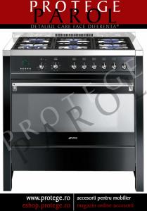 Aragaz 90cm, 6 arzatoare/cuptor electric, negru lucios butoane argintii, Smeg, gama Opera, A1BL-6