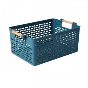 Cutie depozitare plastic tip cos cu manere lemn, 36,5x24x16 cm, albastru, Happymax