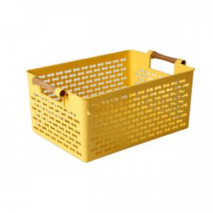 Cutie depozitare plastic tip cos cu manere lemn, 36,5x24x16 cm, galben, Happymax