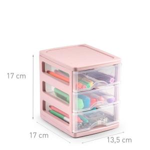 Organizator plastic,  cu 3 sertare, 13,5 x 17 x 17, transparent - roz, Turia, Happymax