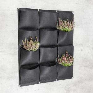 Suport de perete,  pentru plante, cu 12 buzunare, textil , negru