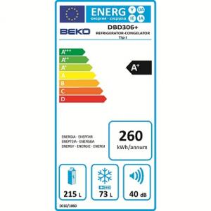 Frigider cu 2 usi Beko DBD306+, A+, 215+73 Litri, Control Mecanic, Protectie Antibacteriana, Inaltime: 163.5 cm, Alb