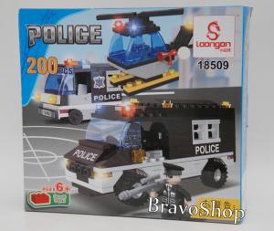 Jucarie constructiva pentru copii cu 200 piese - SET MASINI POLITIE SI ELICOPTER - joc compatibil lego