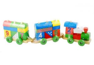Jucarie creativa din lemn - Trenulet cu vagoane si forme si cifre