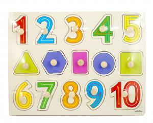 Tabla din lemn - Puzzle cu forme geometrice si cifre colorate 1-10 - Jucarie educativa