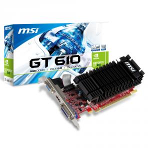 MSI NVIDIA GeForce 610 Low Profile 1024 MB,  GDDR3-64 bit,  810/1000 MHz,  PCI Express x16 2.0,  HDMI/D-SUB/DVI,  Display Output (Max Res olution): 2560x1600