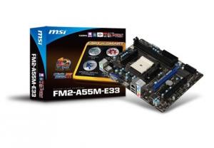 MSI FM2-A55M-E33 AMD A55 Socket FM2 2xDDR3 1066/1333/1600/1866/2133*(OC),  Dual Channel,  1xPCI-Ex16/PCI-Ex1/PCI,  4xSATAII,  LAN 10/100 /1000*1,  4xUSB 2.0 ports (Rear),  HDMI/VGA,  Form Factor: M-ATX