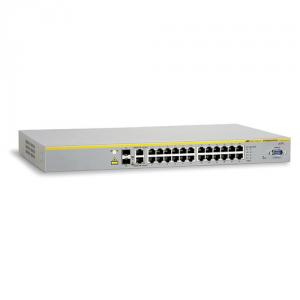 AT-8000S/24,  Switch 24 Port Managed Fast Ethernet Stackable,  2 x 10/100/1000T / SFP Combo uplinks,  Auto MDI/MDI-X,  Non-blocking,  8K Mac Addresses,  internal power supply,  fanless,  metal chassis,  1RU form factor,  19  rack-mountable hardware includ
