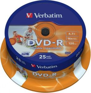 Verbatim - Blank DVD-R&#44; 16X&#44; 4.7GB&#44; 25 pack&#44; Inkjet Printable